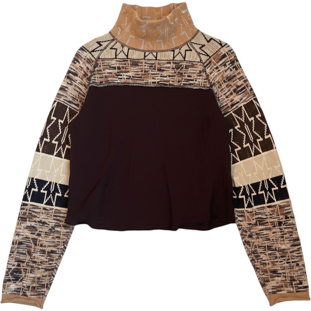 Free People Freestyle Ski‎ Sweater Size XL Brown Fair Isle Mock Neck Mixed Media